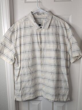 American Eagle  100% Cotton Cream Short Sleeve Striped Button-Down Shirt Size XL